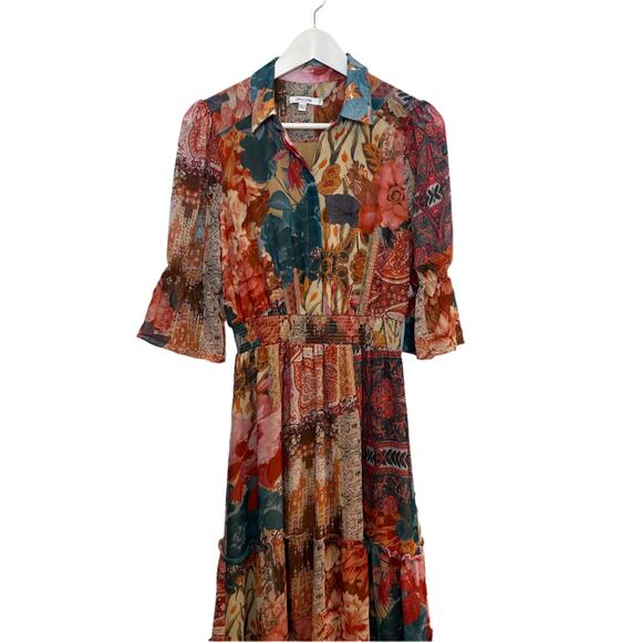 Chico's Tapestry Print Tiered Ruffled Shirt Dress Midi Boho Floral Collared 00 2 - Picture 4 of 10